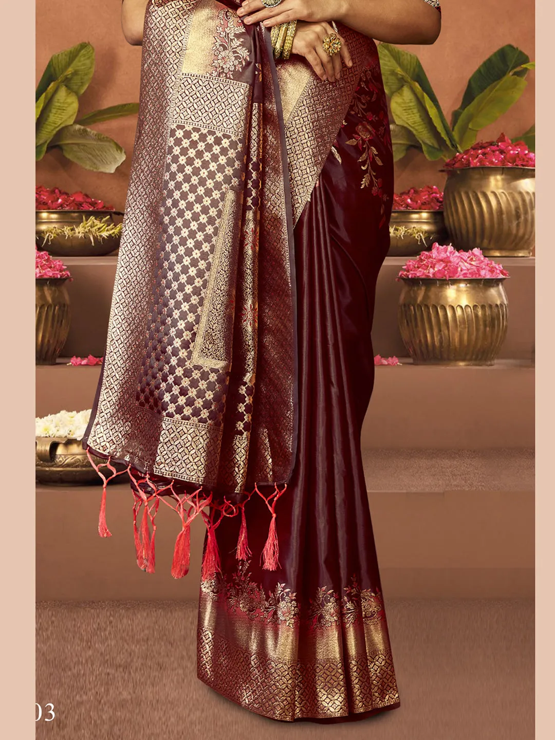 Women Wine Satin Silk Saree With Un Stitched Blouse