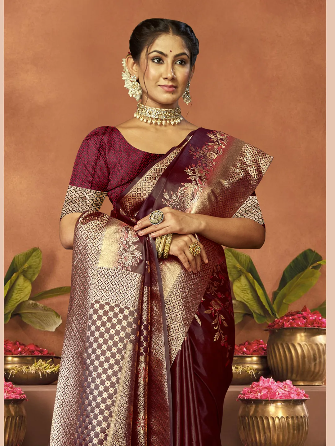 Women Wine Satin Silk Saree With Un Stitched Blouse