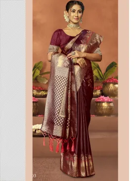 Women Wine Satin Silk Saree With Un Stitched Blouse