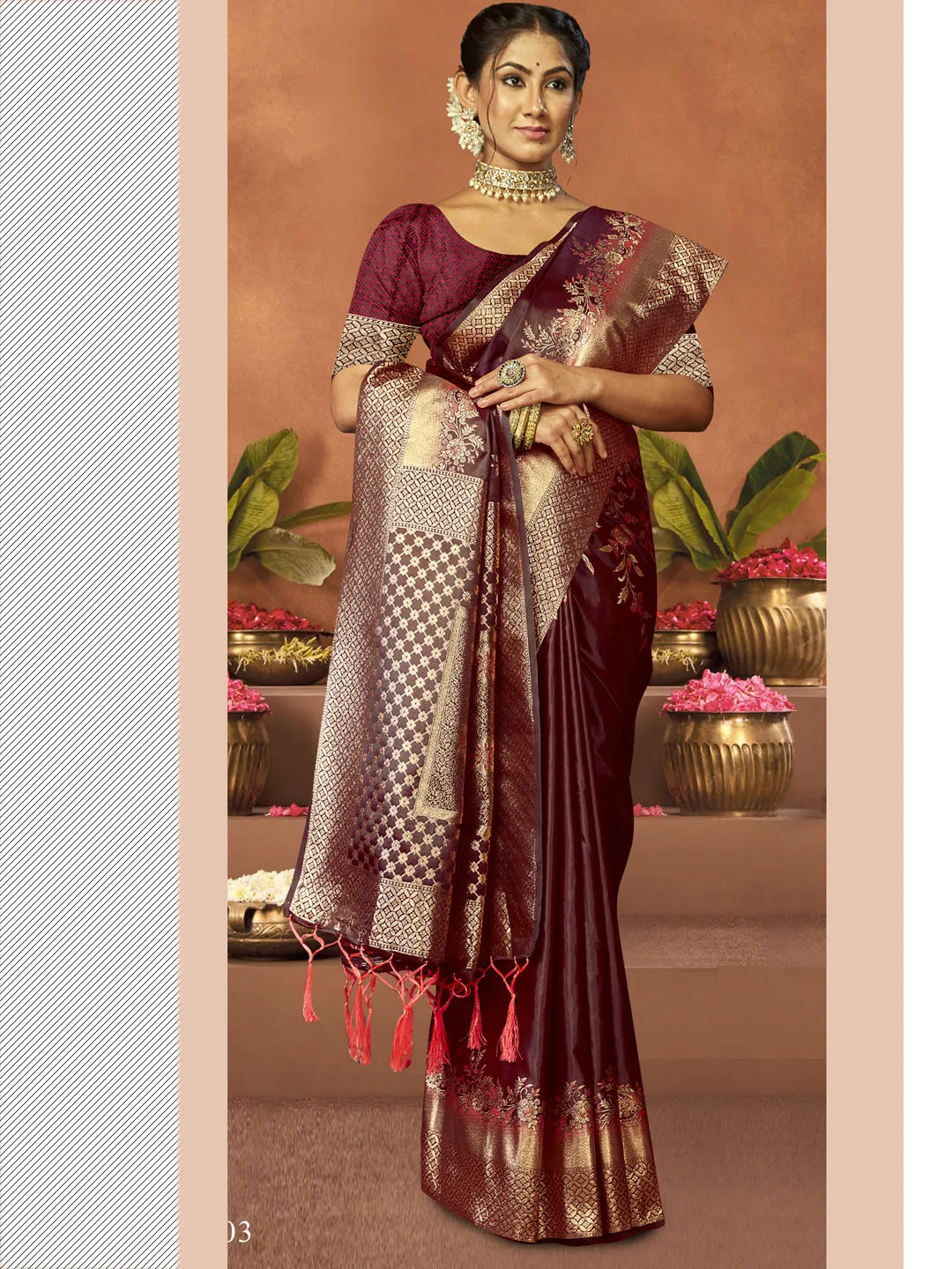 Women Wine Satin Silk Saree With Un Stitched Blouse